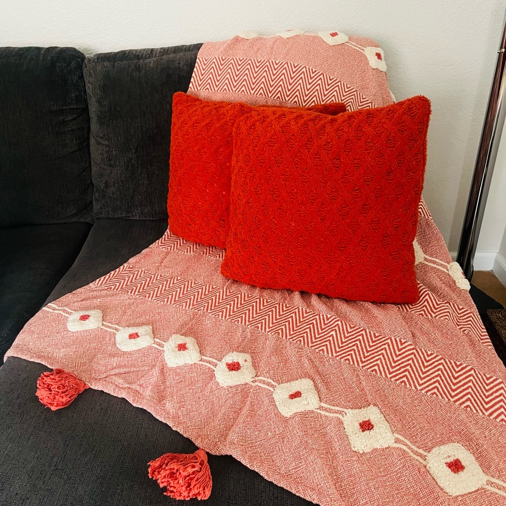 DKNY Vibrant Rust Color Accent Pillows and Bohemian Style Throw (GET ALL 3)